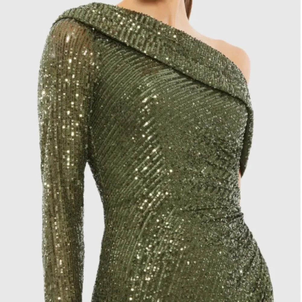 MAC DUGGAL 26571 One Shoulder Long Sleeve Thigh High Slit Sequin Gown 12 OLIVE - Picture 2 of 11